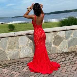 Camille La Vie Red Lace Prom Dress